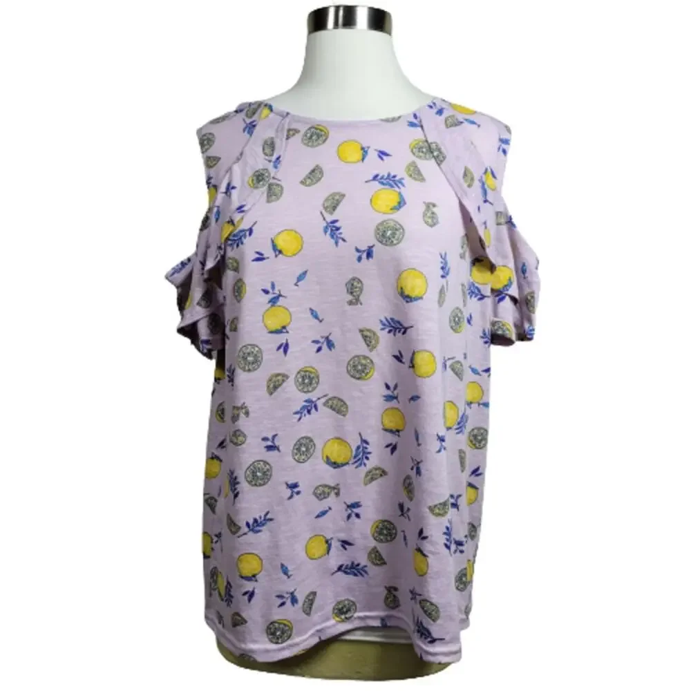 Juicy Couture Women's Lemon Print Purple Combo Ruffle Cold-Shoulder Top Size XL - Picture 2 of 8